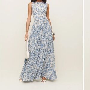 Reformation Camella Dress: Blue and White Floral Gown